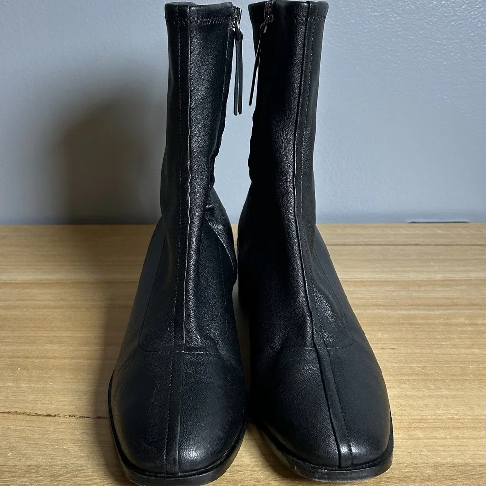 Quince Black Luxe Italian Leather Stretch Mid Calf Square Toe Heeled Sock Bootie